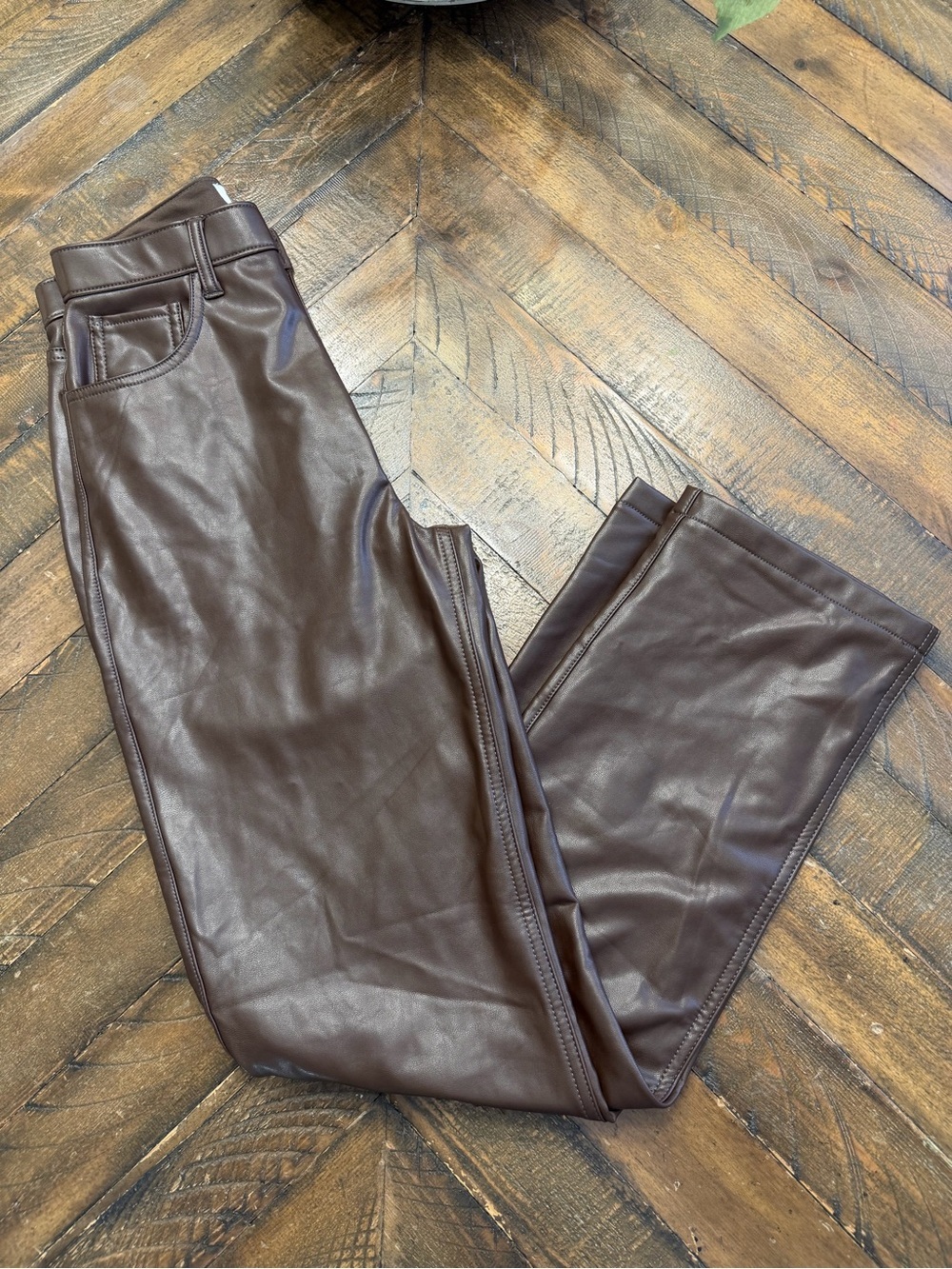 Abercrombie & Fitch Women's Straight Leg Faux Leather Pants in Dark Brown